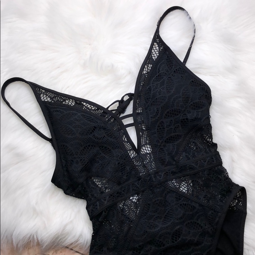BECCA PLUNGING ONE PIECE CROCHET SWIMSUIT BLACK - Picture 2 of 4